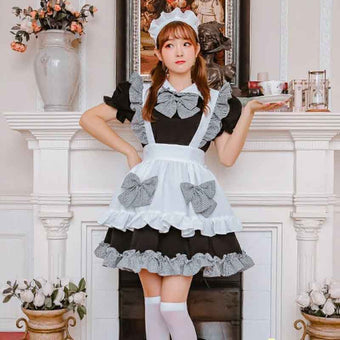 Black and White Plaid Lolita Femboy Maid Dress