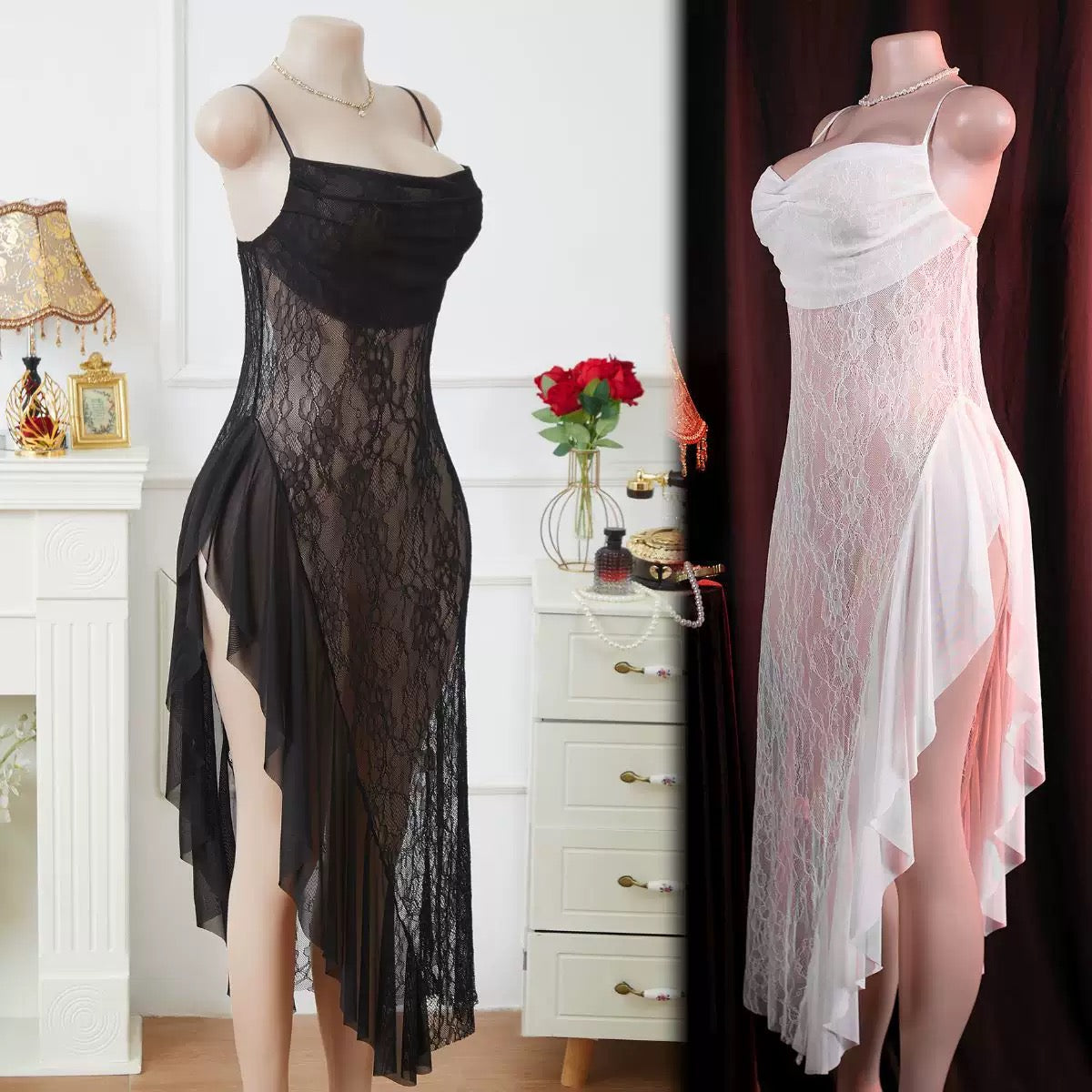 Black and white lace nightgowns on mannequins with a decorative room setting.