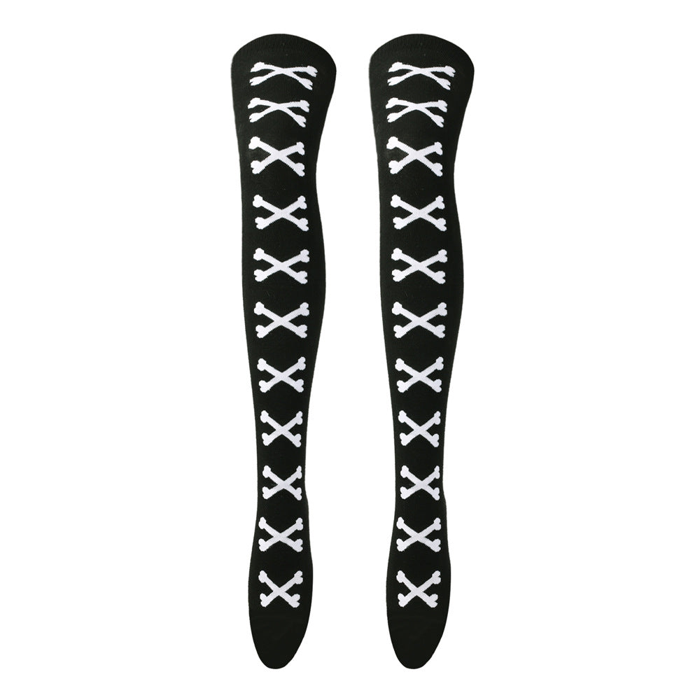 Black and white skeleton bone thigh high socks