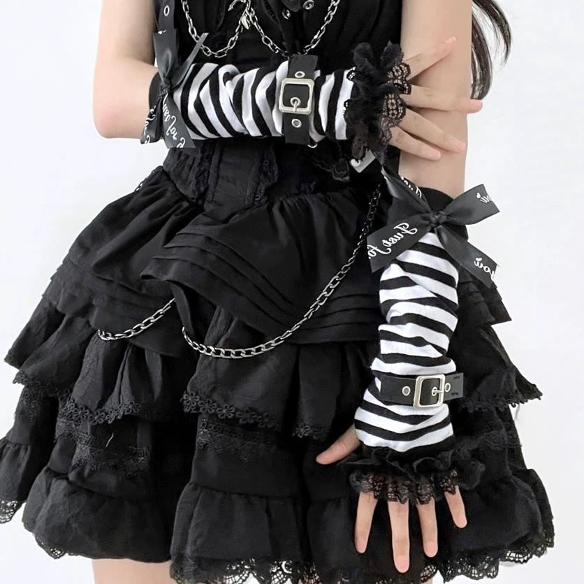 Gothic Black And White Striped Arm Warmers