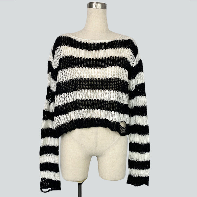 Black and white striped distressed crop sweater