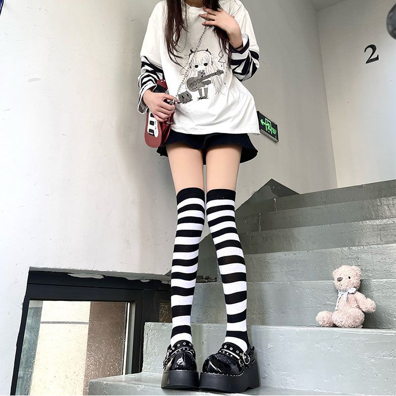 Black And White Striped Knee High Socks - Femboy Fashion