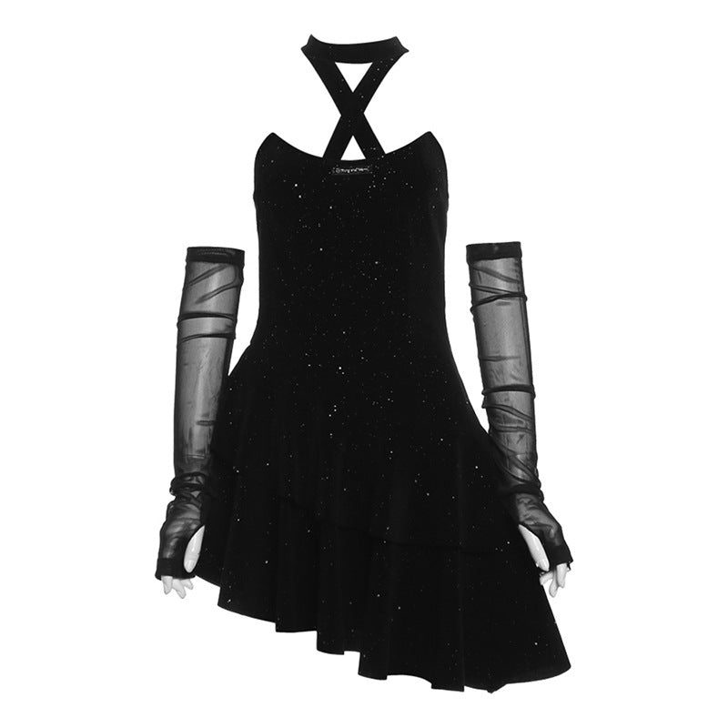 Black asymmetrical tube dress with gloves front