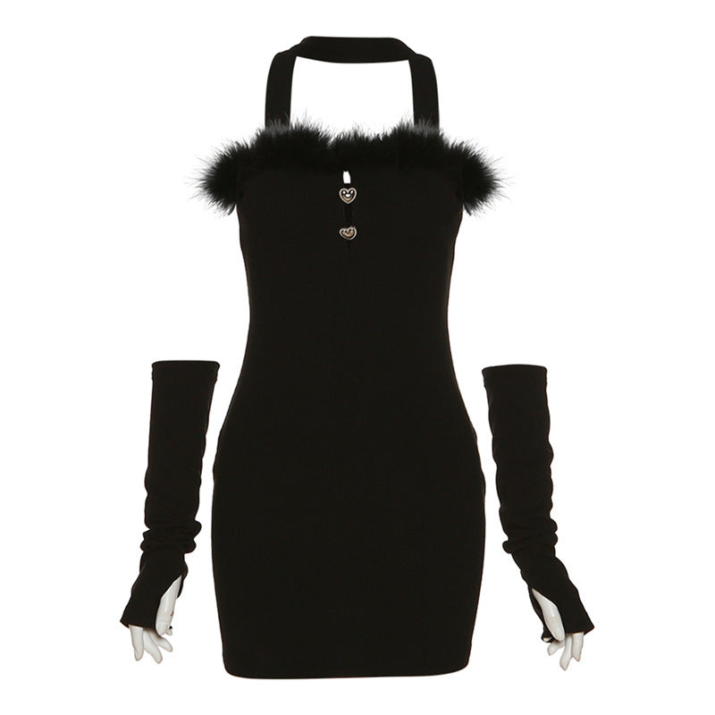 Black blackless mini dress with gloves front