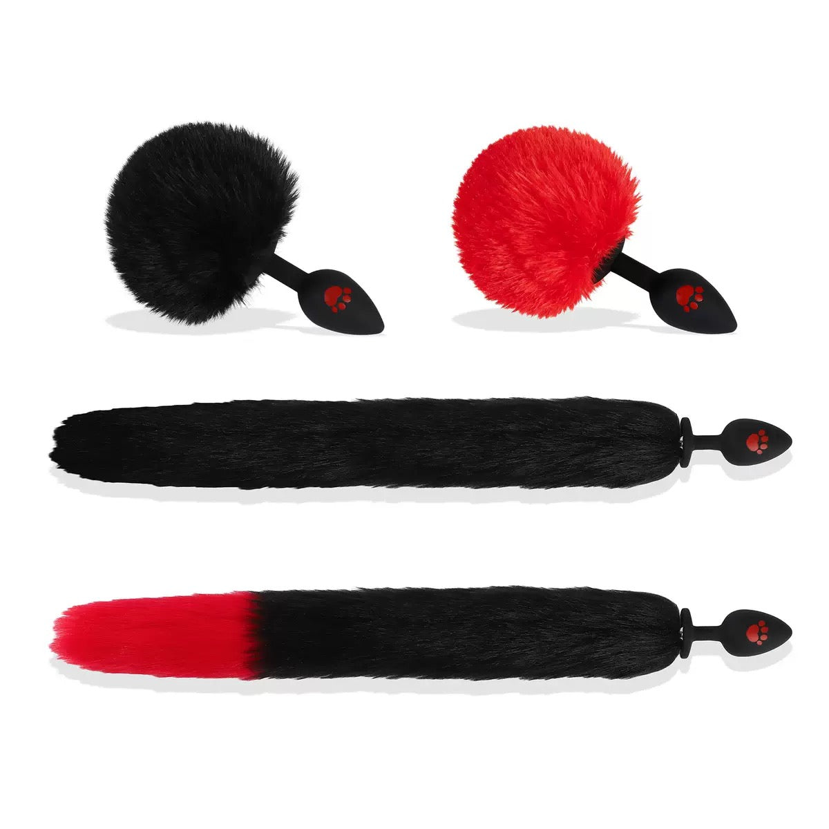 Set of black and red furry butt plug on a white background