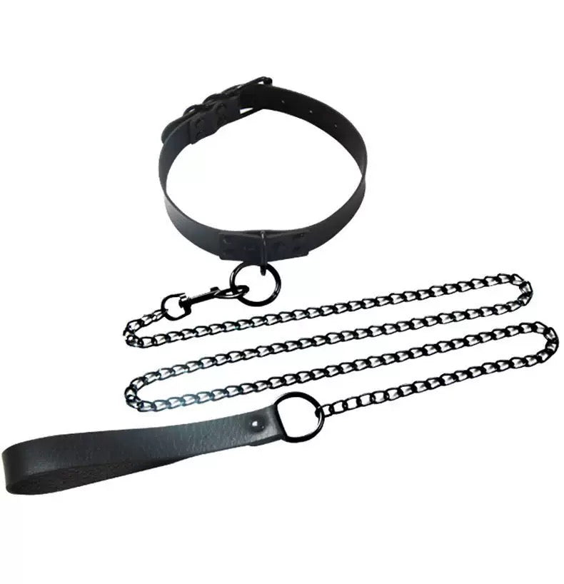 Black leather collar and chain leash on a white background