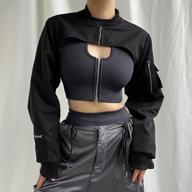 Black Crop Top Zip Up Hoodie - Femboy Fashion