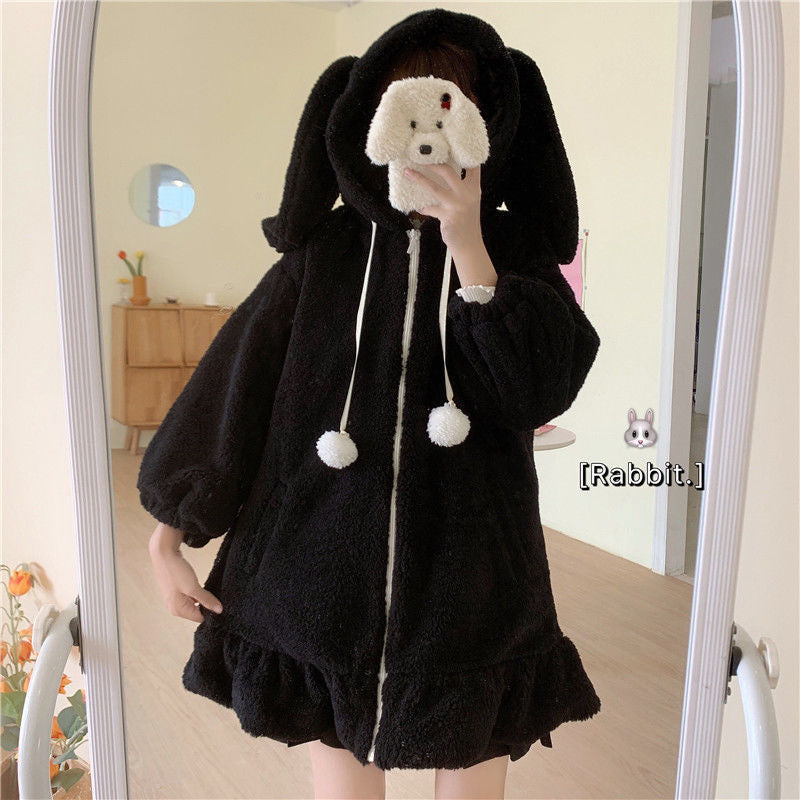 Black Cute Bunny Zip Hoodie With Ears - Femboy Fashion