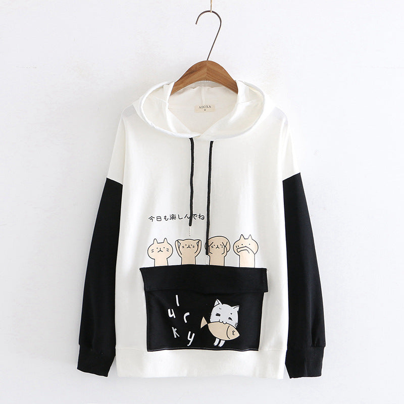 Cute Cat Eat Fish Hoodie - Femboy Fashion