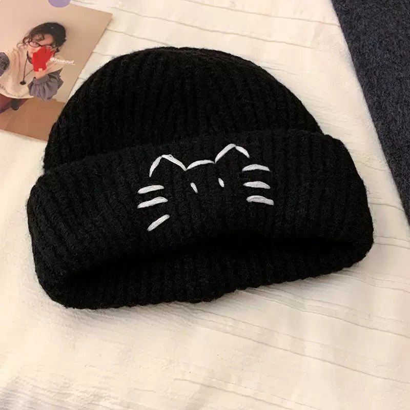 Black cute cat knit roll up hat