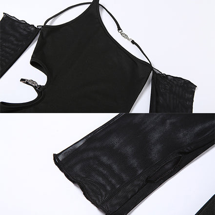 Black cutout asymmetrical mini dress detail