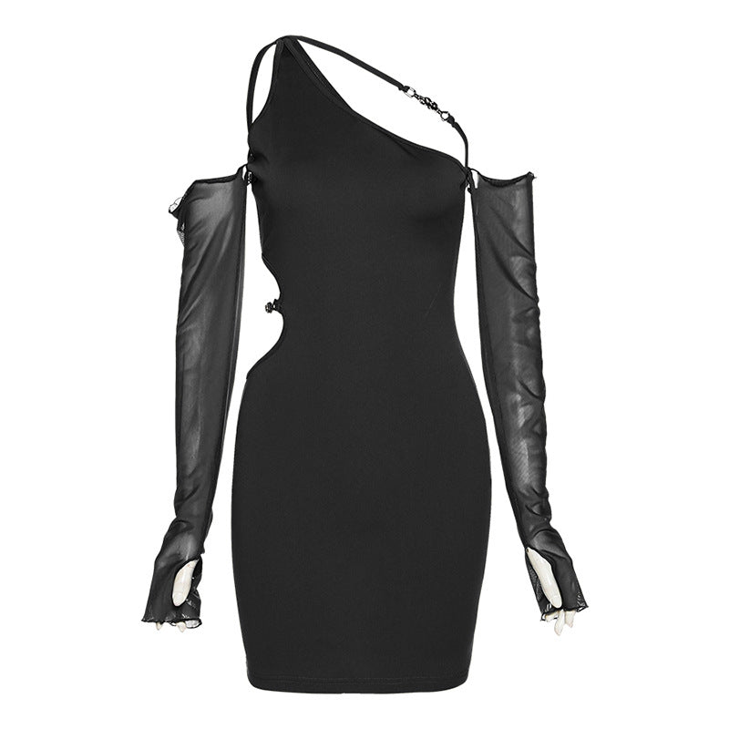 Black cutout asymmetrical mini dress front