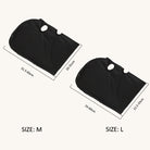 Black face mask with measurements for size M and L on a white background