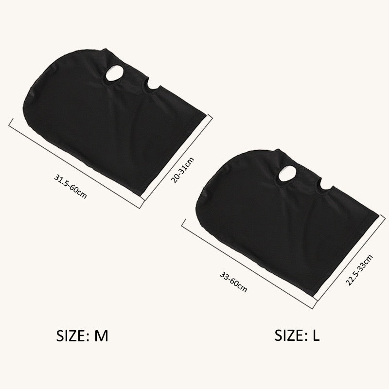 Black face mask with measurements for size M and L on a white background