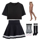 Femboy black crop top, black skirt, and knee-high socks with a pattern on a white background