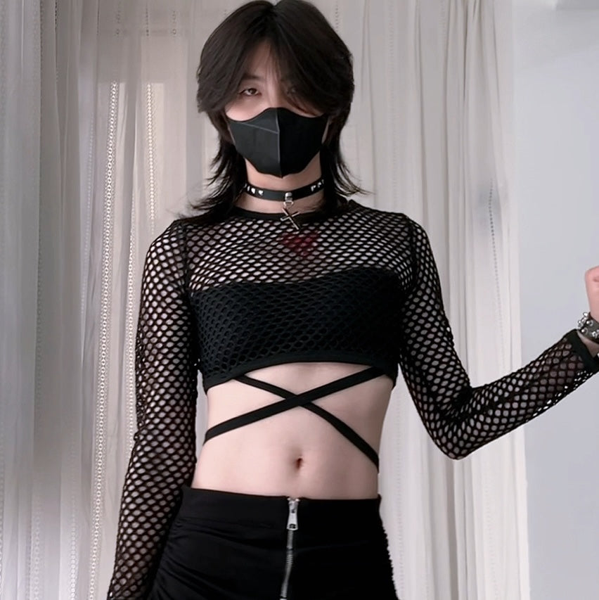 Black Fishnet Crop Top Long Sleeve Detail - Femboy Fashion
