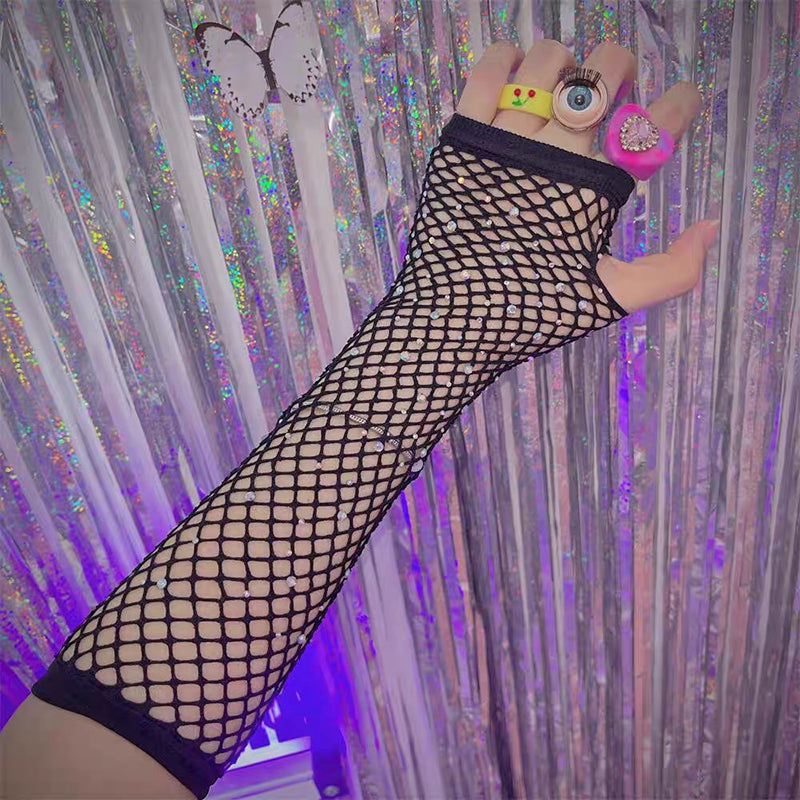 Black Fishnet Gloves With Rhinestones - Femboy Fashion