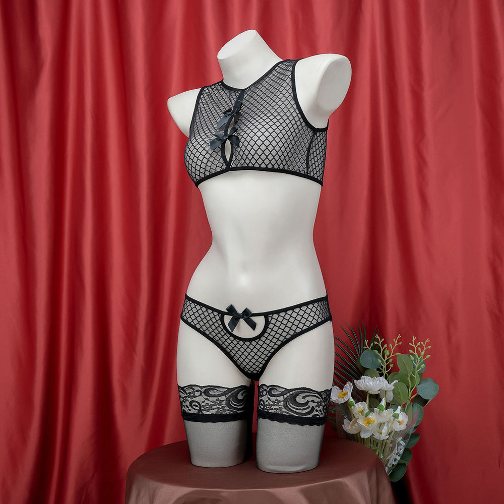 Black Fishnet Lingerie Set With Bow For Femboy - Femboy Fashion