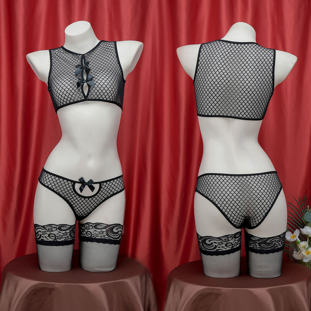 Black Fishnet Lingerie Set With Bow Front And Back - Femboy Fashion