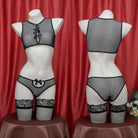 Black Fishnet Lingerie Set With Bow Front And Back - Femboy Fashion