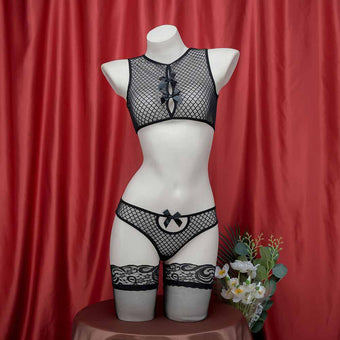 Femboy Black Halter Crotchless Fishnet Bodystocking