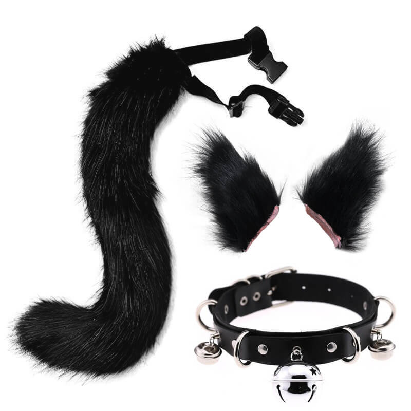 Black Fox Ears Clips And Tail With Collar Set - Femboy Fashion