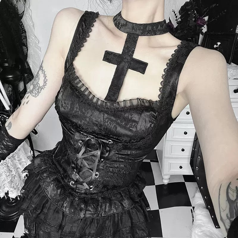 Femboy in black gothic cross camisole top