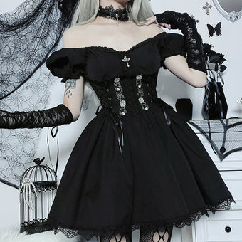 Black Gothic Short-Sleeve Femboy Dress