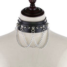 Black gothic leather studded choker with chain on a mannequin bust.