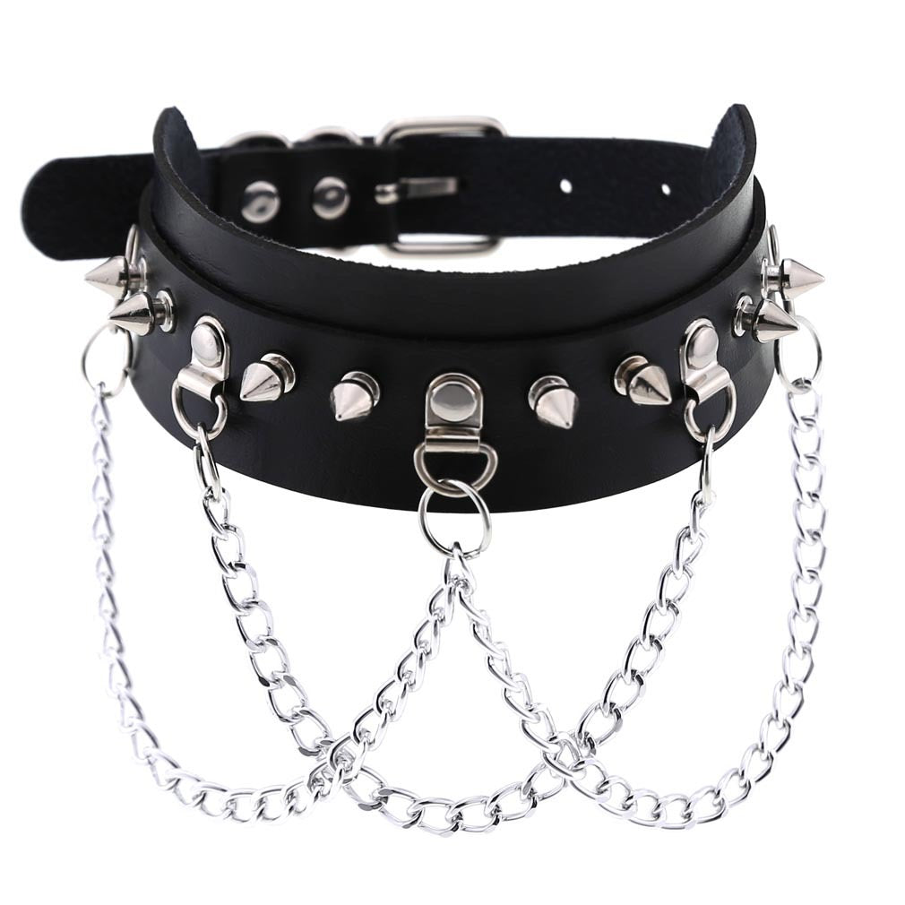Black leather choker with spikes and chains on a white background