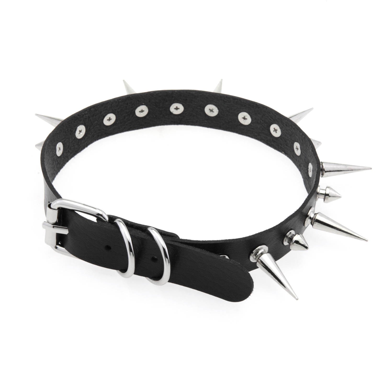 Black leather choker with silver spikes on a white background