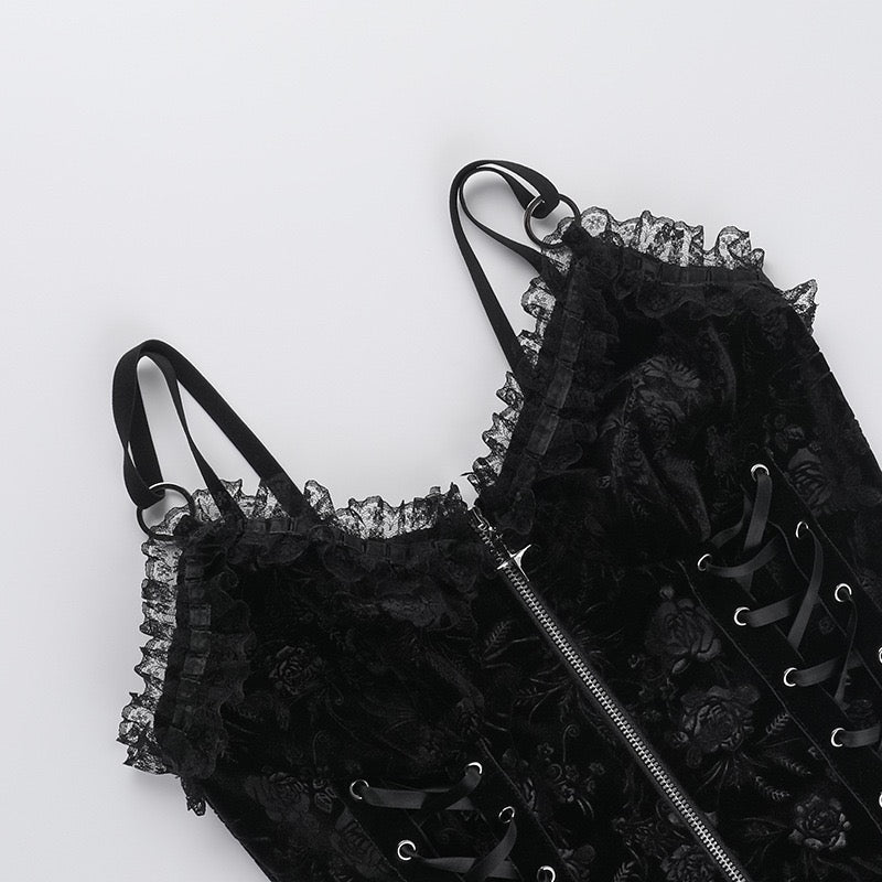 Black gothic zip-up corset top on a white background