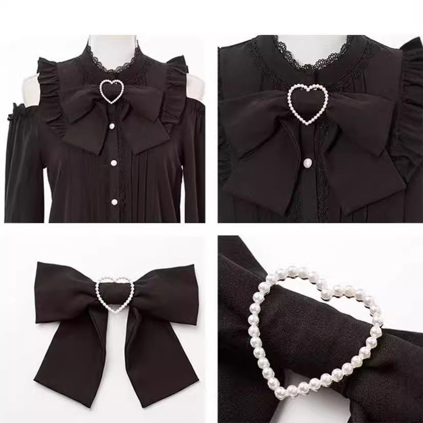 Black Jirai Kei Long Sleeved Blouse With Bow Tie Detail