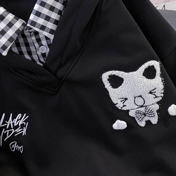 Black jacket with a cat patch and 'Black Linden' branding.