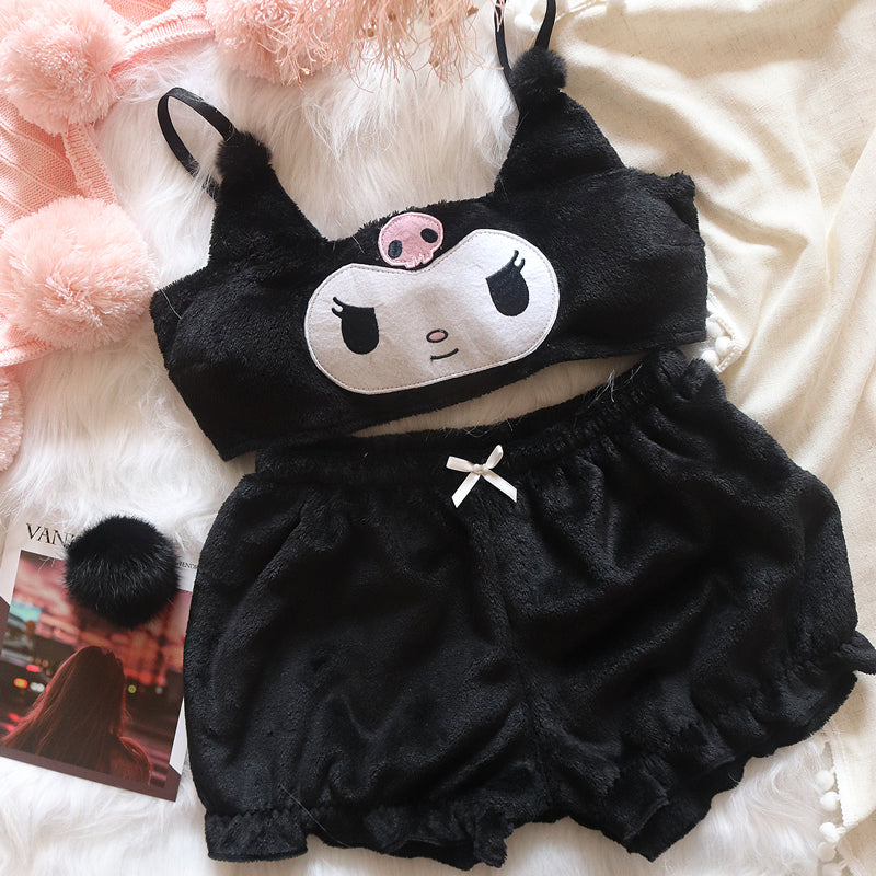 Black Kawaii Velvet Top and Shorts Lingerie Set - Femboy Fashion