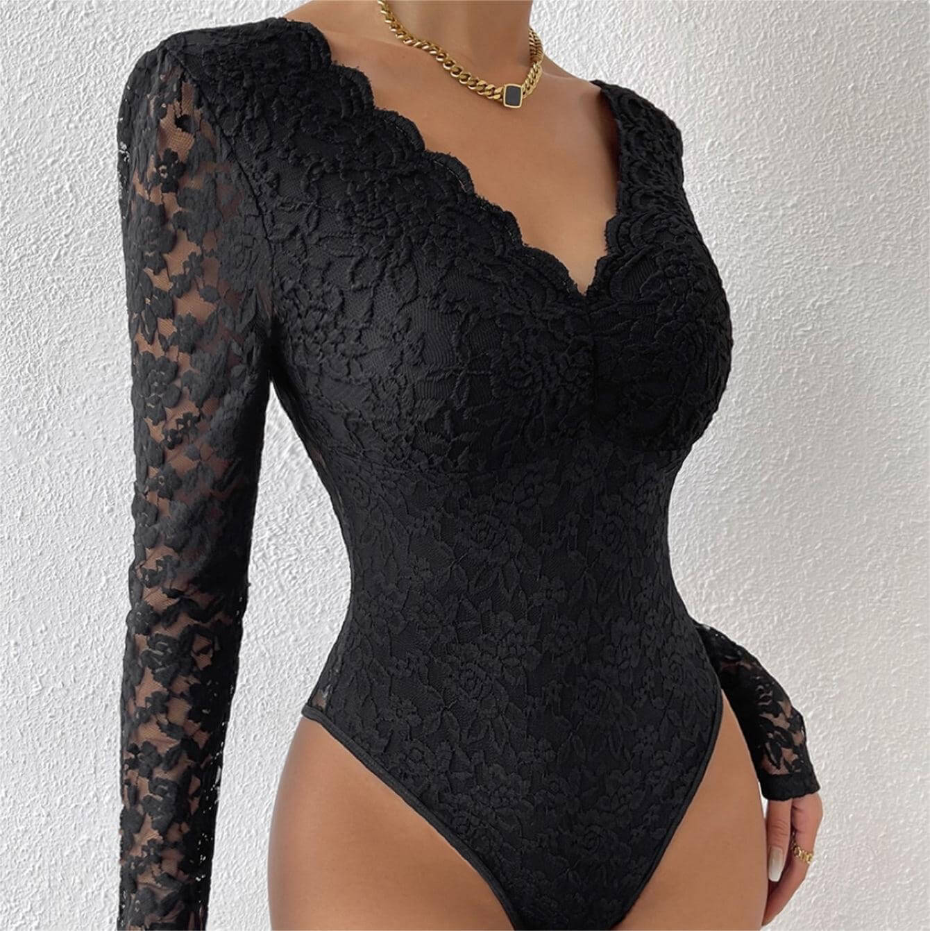 Femboy in Black Lace Long Sleeve Bodysuit - Femboy Fashion