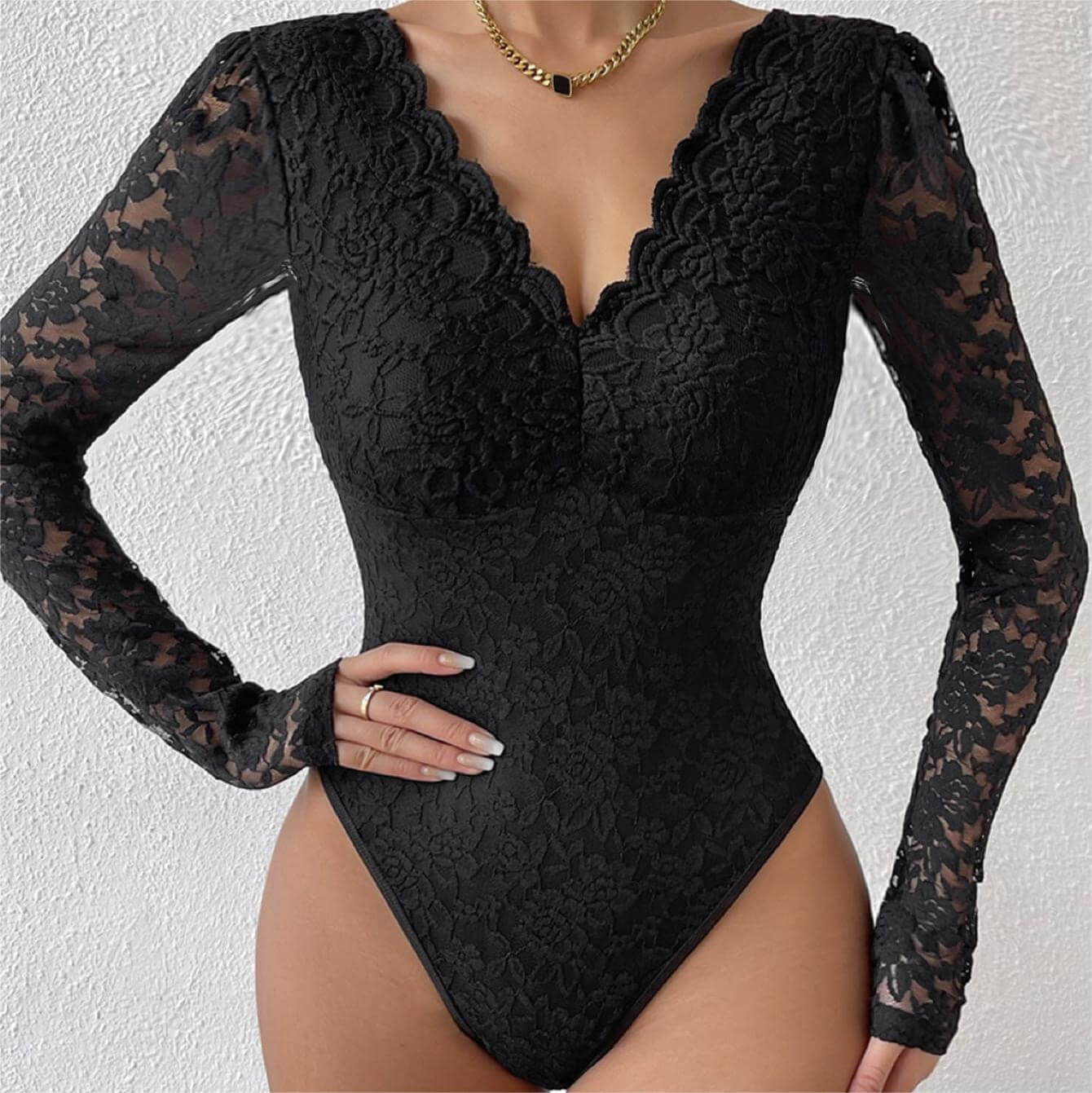 Black Lace Long Sleeve Bodysuit for Femboy - Femboy Fashion