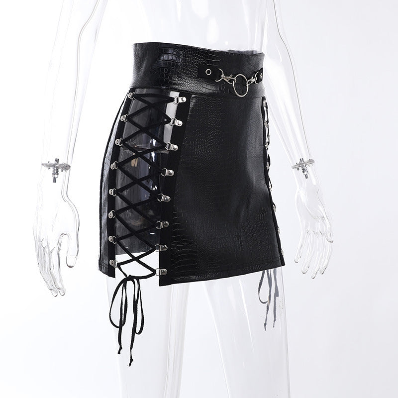 Black lace up gothic skirt side