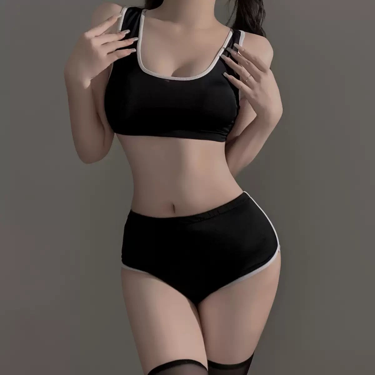 Black Latex Lingerie Short Set Front - Femboy Fashion