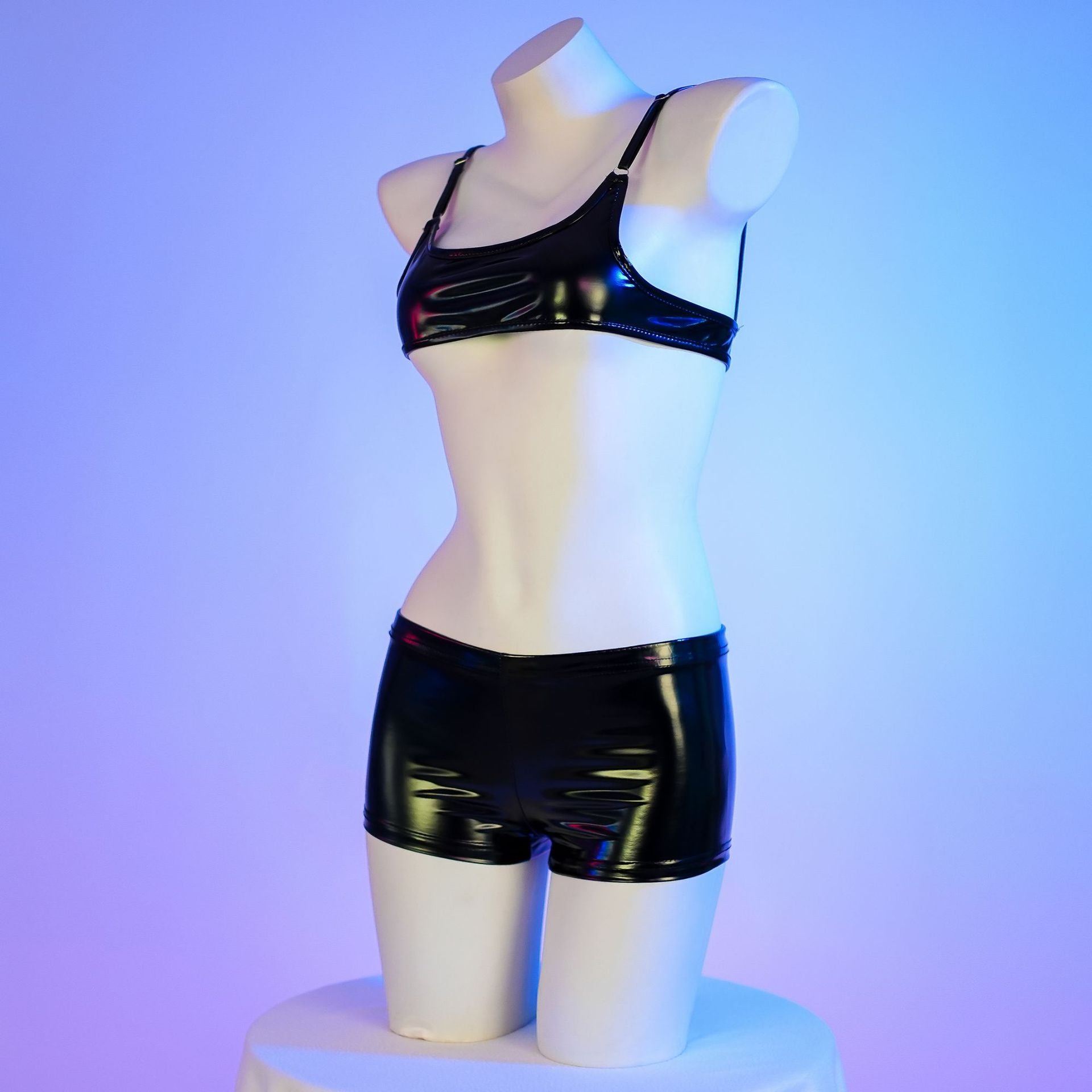 Black Latex Lingerie Short Set Side - Femboy Fashion