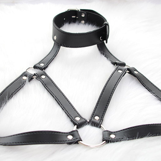 Black leather body harness and nipple clamps front