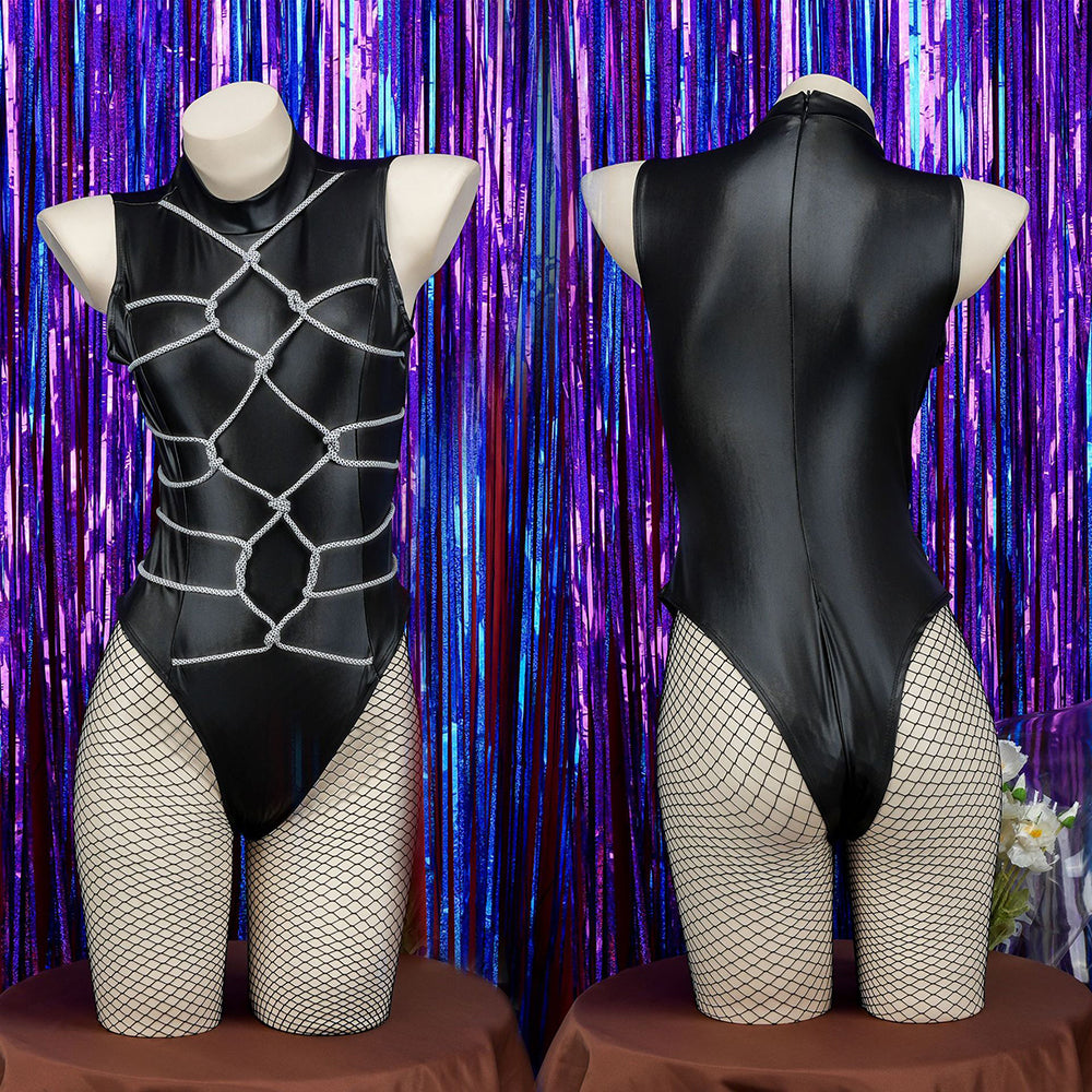 Black Leather Bondage Bodysuit Lingerie Front And Back