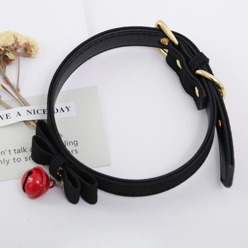 Black Leather Bow Choker With Red Bell - Femboy Fashion