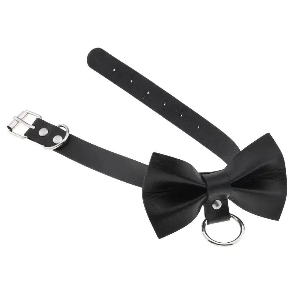 Black leather choker with big bow