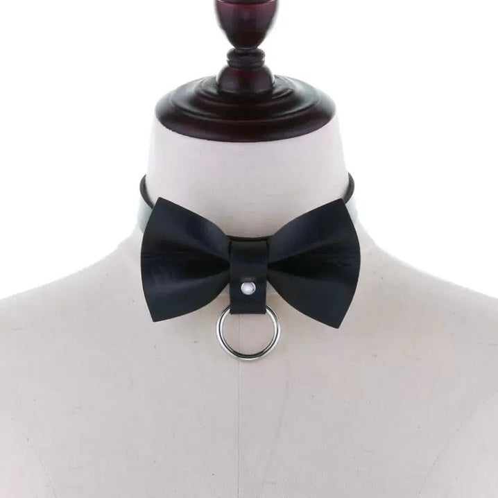 Black leather choker with big bow