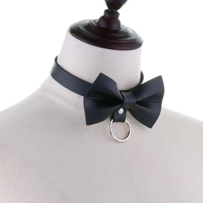Black leather choker with big bow