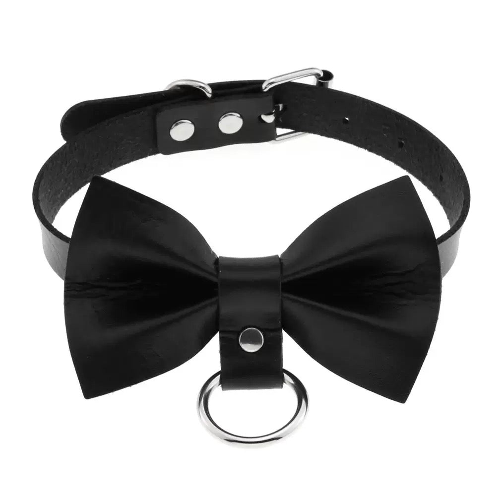 Black leather choker with big bow
