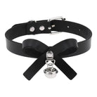 Black leather choker with silver bell on a white background