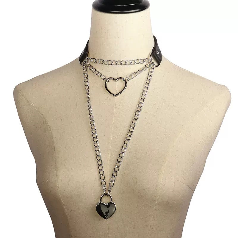 Black leather choker with heart chain