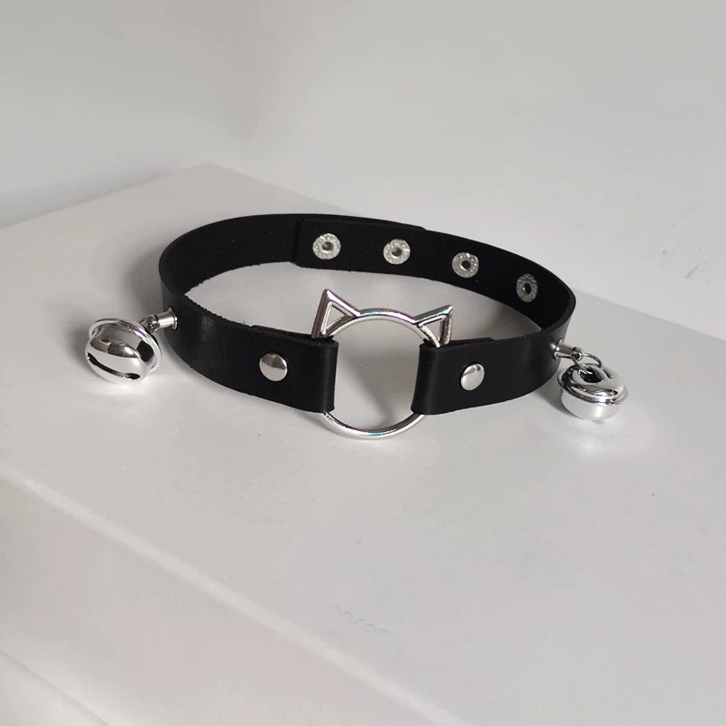 Black Leather Kitty Choker With Bells